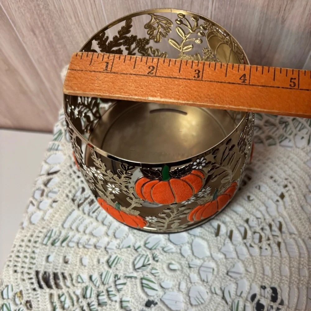 Bath & Body Works Gold Metal Autumn Fall Pumpkin 3 Wick Candle Holder - Picture 6 of 6